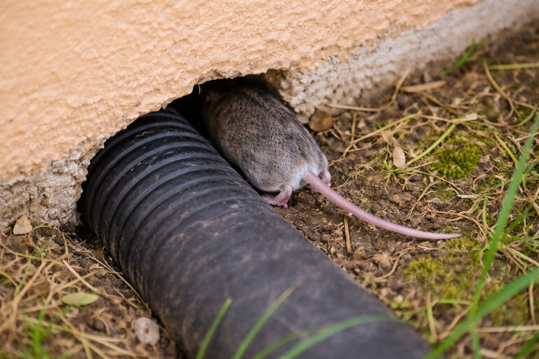 A mouse enters a house through an exterior gap around a pipe.