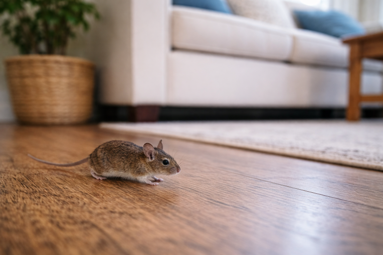 A mouse scurries across a living room floor.