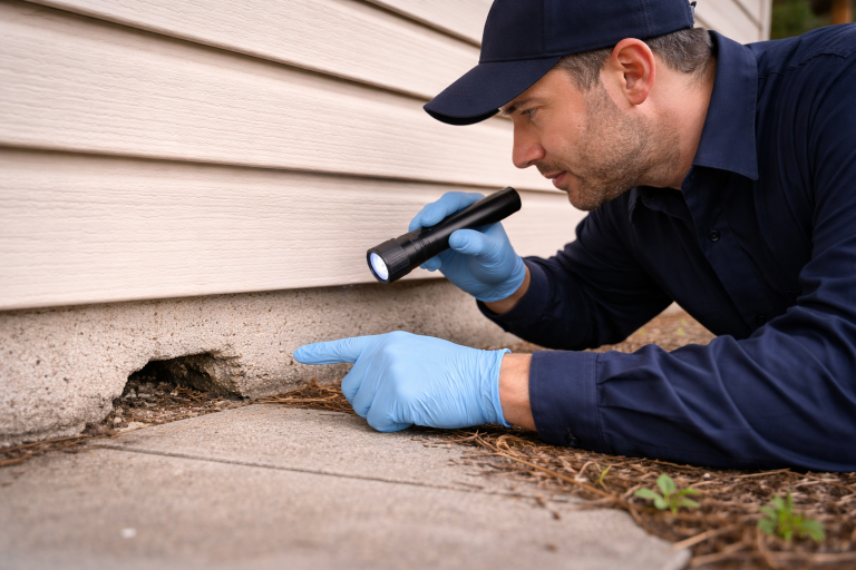 A professional pest technician inspects a gap in the foundation of a house.