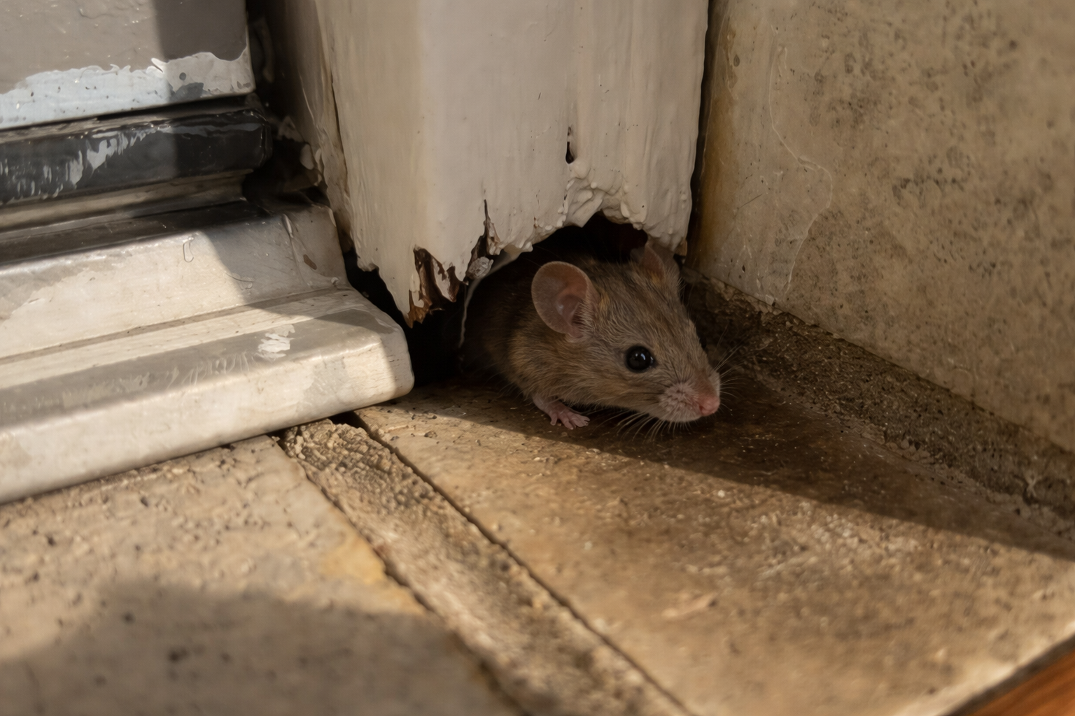A mouse peeks it's head out of an entry point.