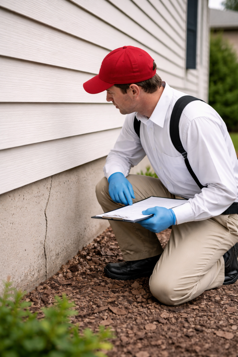 A pest control technician inspects a crack in the foundation of a house.