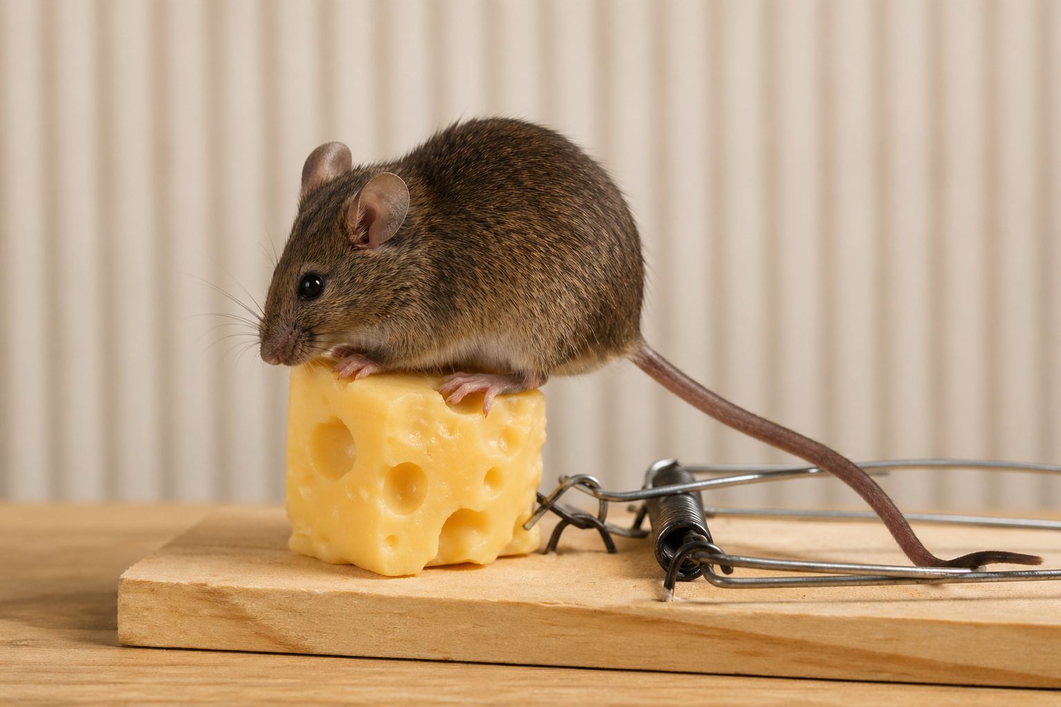 A mouse sits on top of a piece of cheese, that rests on a snap trap.