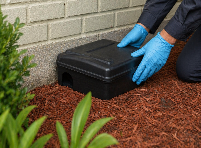 A professional rodenticide station is placed outside of a house.