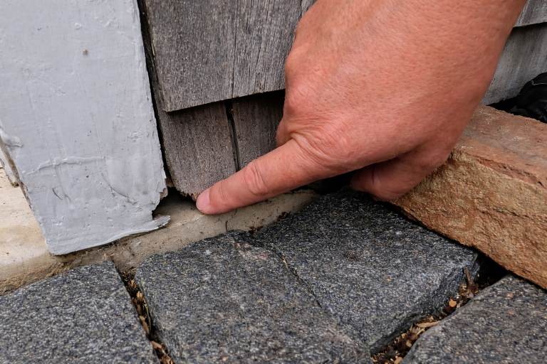A hand points to a small gap in the foundation of a house as a possible entry point for mice.