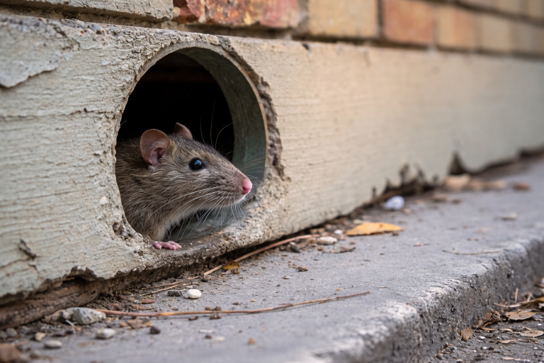 A mouse pokes its head out of a hole in the foundation of a house.