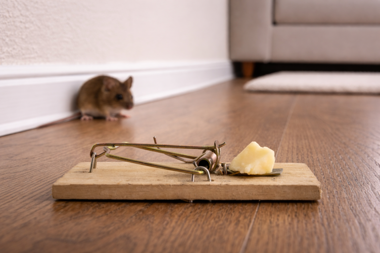 A loaded mouse trap on the floor of a living room, with a mouse looking at it from a distance.