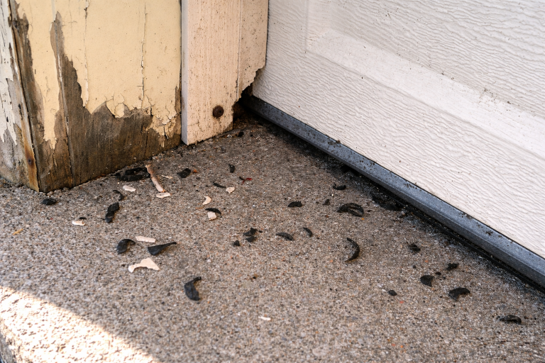 Mouse feces is scattered on the ground beside a gap in a garage, where mice can enter from.