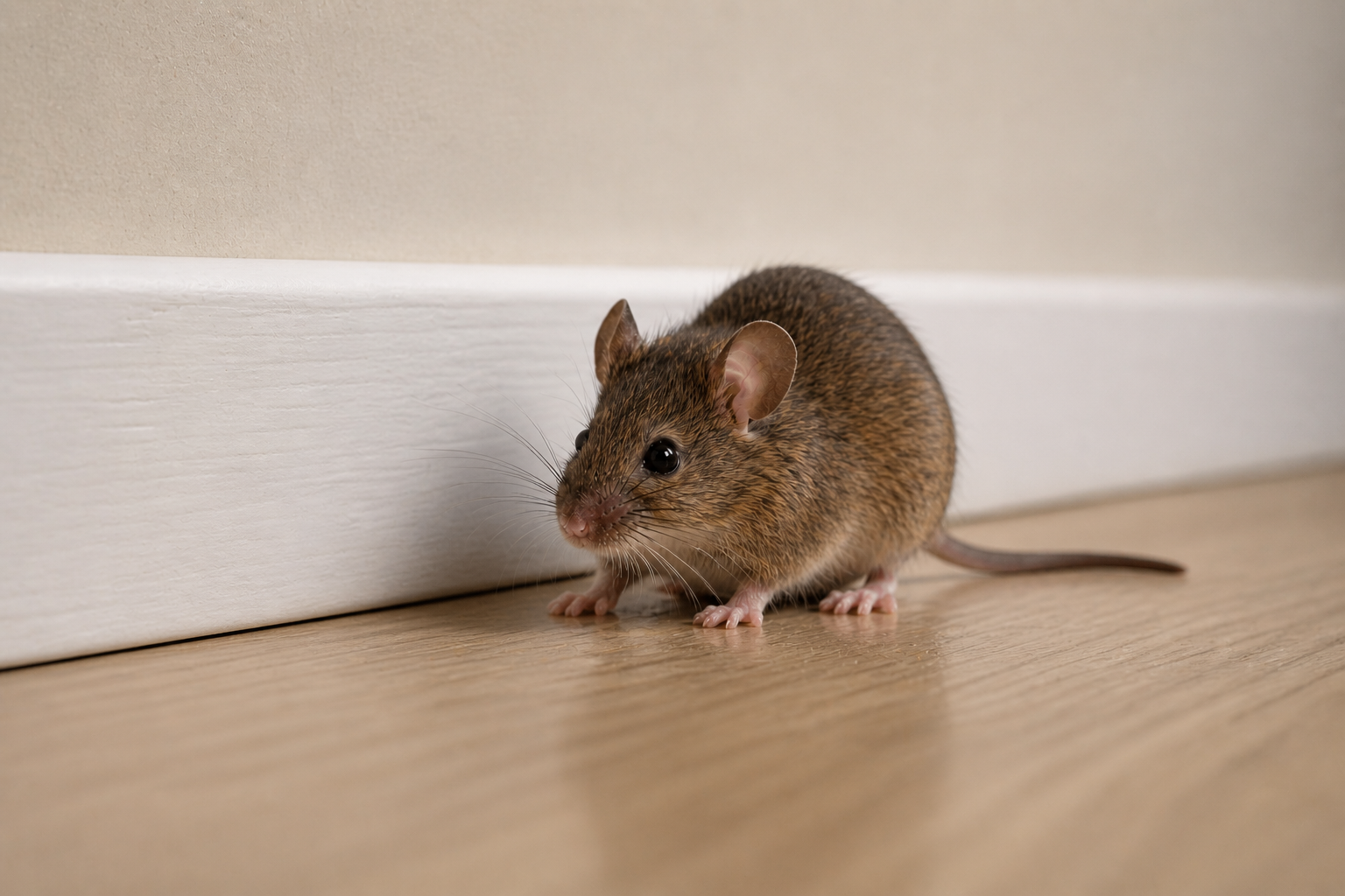 A mouse walking along the baseboards of a house.