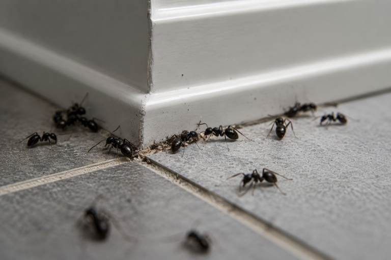 A small cluster of ants on the floor of a kitchen.