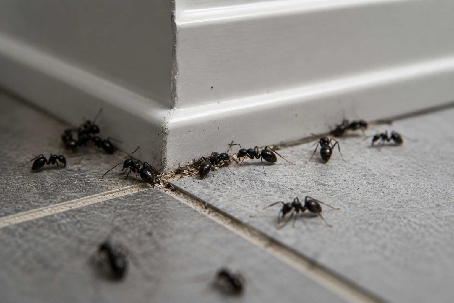 A small cluster of ants on the floor of a kitchen.