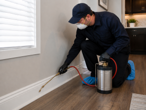 A pest control technician spraying the baseboards of a living room.
