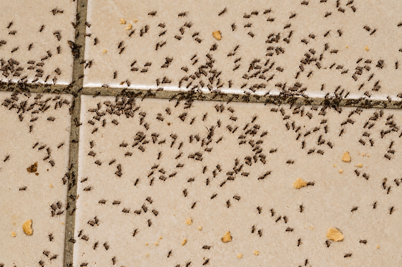 A large group of ants on a kitchen floor, with crumbs of food scattered throughout.