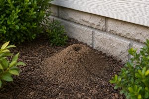 An ant hill in a garden beside a house, will a trail of ants going in/out.