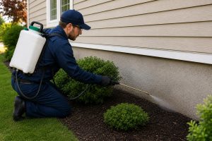 A professional pest control technician spraying the foundation of a house.