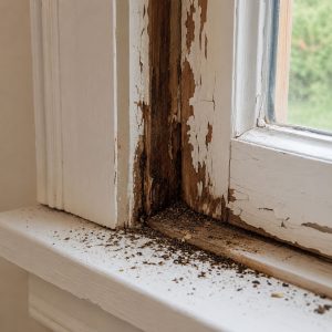Carpenter ant frass on a windowsill.