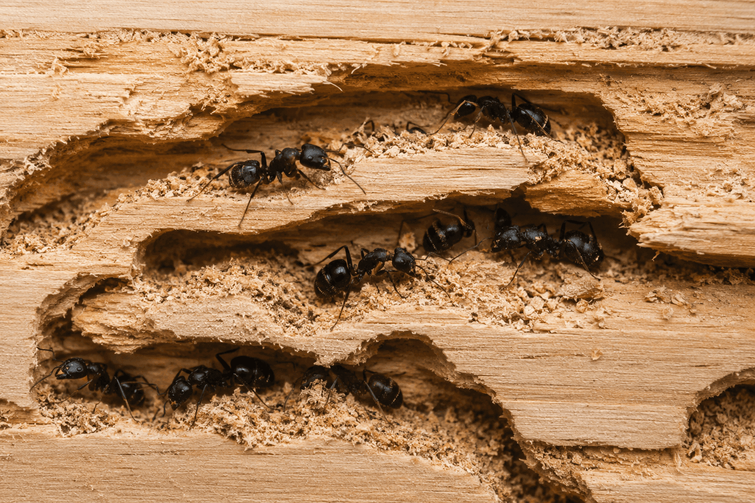 Carpenter ants moving around tunnels created in wood.