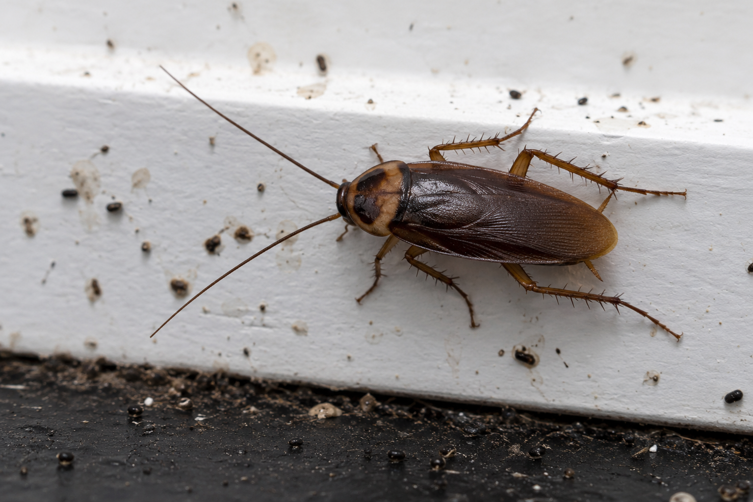 A cockroach on a dirty baseboard.