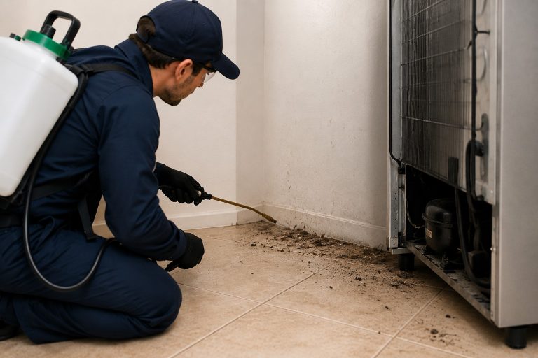 A technician spraying behind a fridge for cockroaches.