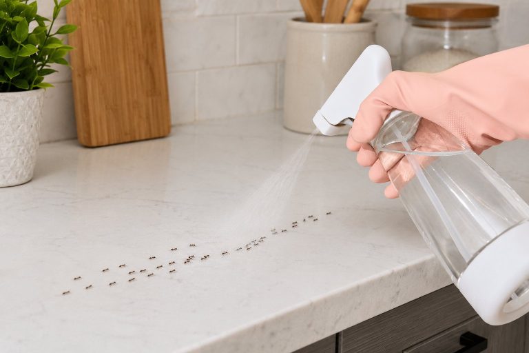 A gloved hand spraying a trail of ants on a kitchen counter.