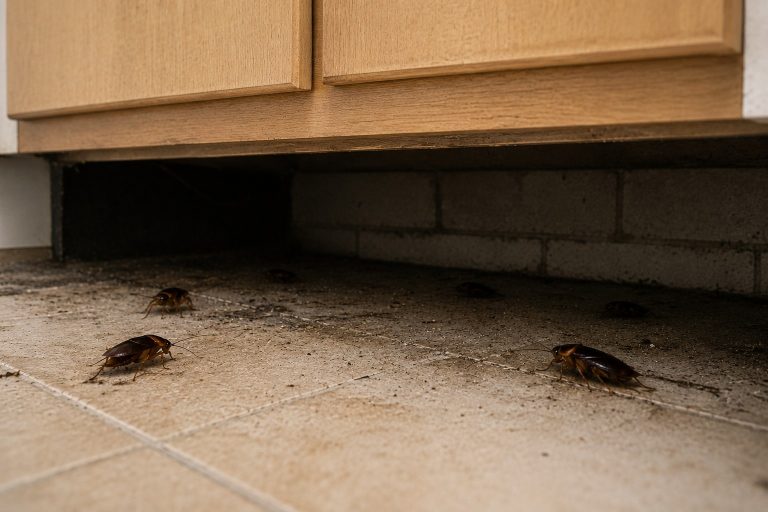 Cockroaches under a bathroom vanity.