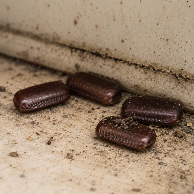 Four cockroach egg casings on a dirty floor.