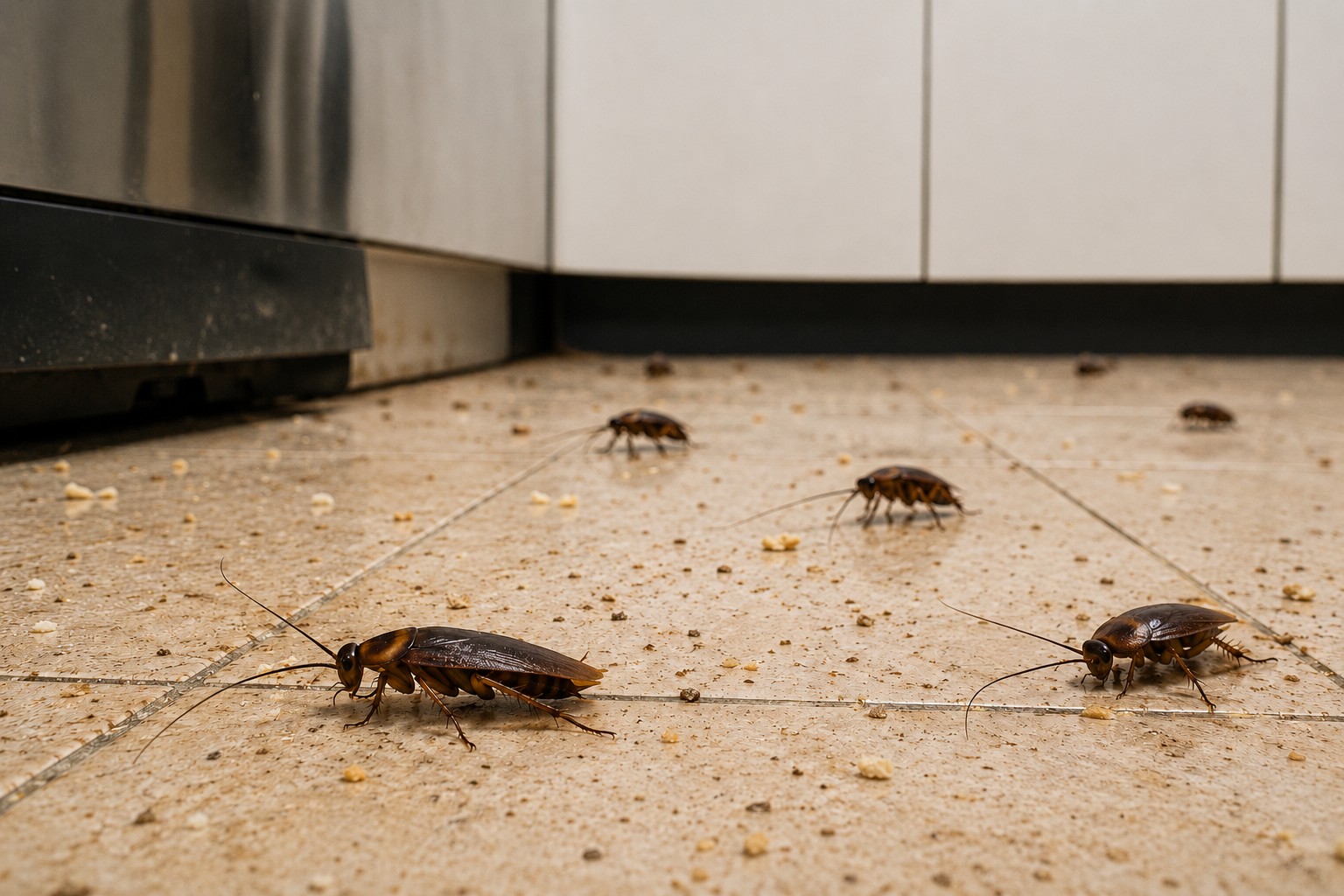 An infestation of cockroaches on a dirty kitchen floor.