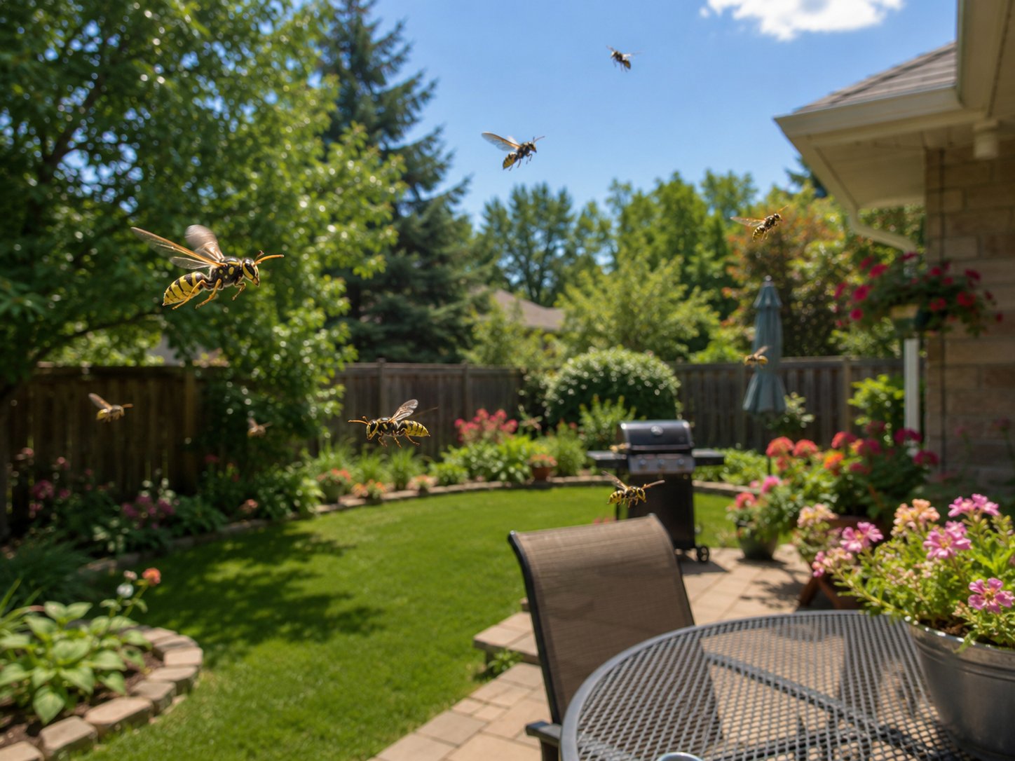A swarm of wasps flying around a backyard.