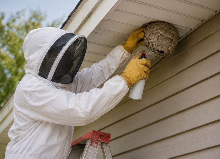 A pest control technician dressed in a beekeeper suit preparing to remove a wasp nest from the soffit of a house.