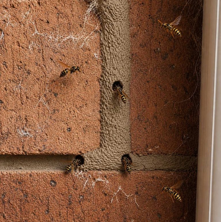 Wasps going into holes in between the bricks of a house.