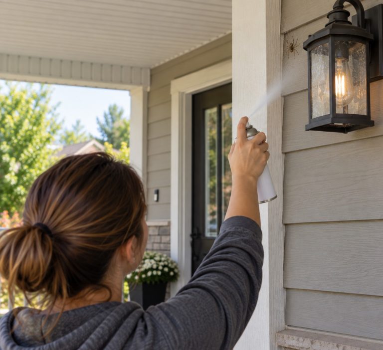 A homeowner sprays a spider with a DIY spray.