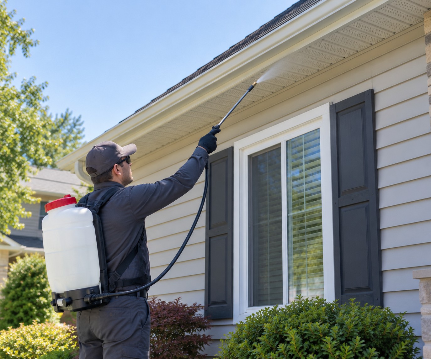 A professional pest control technician spraying the roofline of a house.