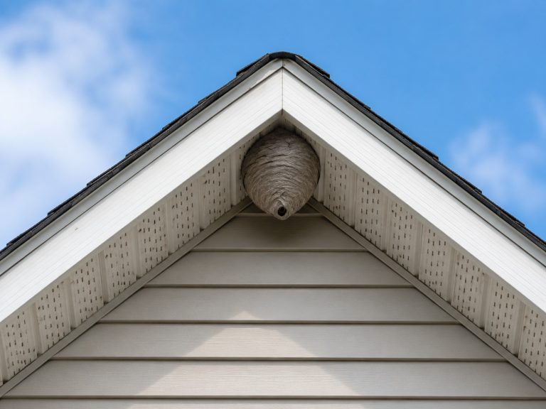 A wasp nest on the peak of a house.