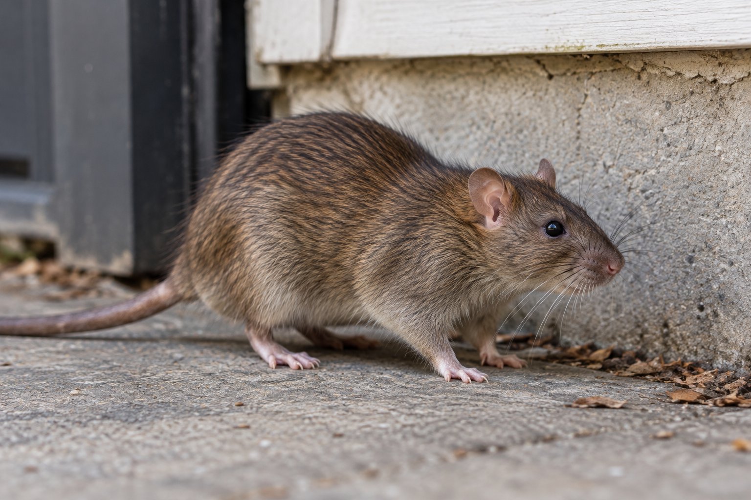A rat outside a house.